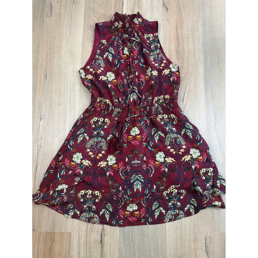 Moon River Calla Burgundy Floral Print Smocked Tiered Mini Dress MR1817 Medium - Picture 9 of 11